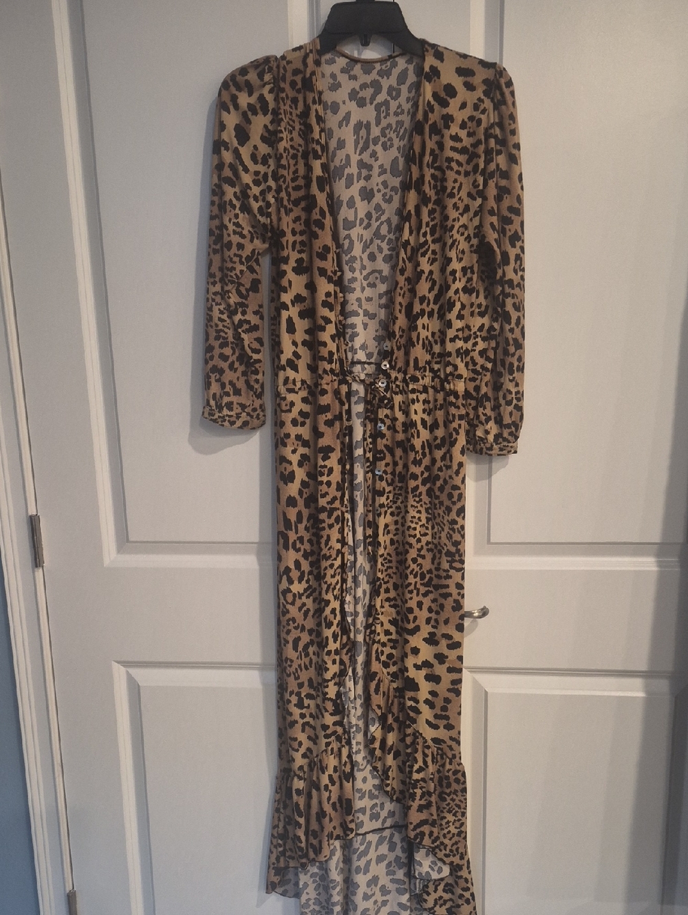Women Dress Mx Leopard Print Long Open Duster Cardigan - Tan & Black